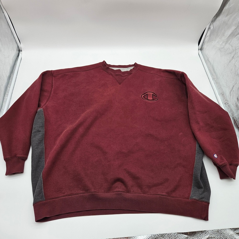 Champion Crewneck Sweatshirt Burgundy Gray Color Block Embroidered Logo‎ Mens XL
